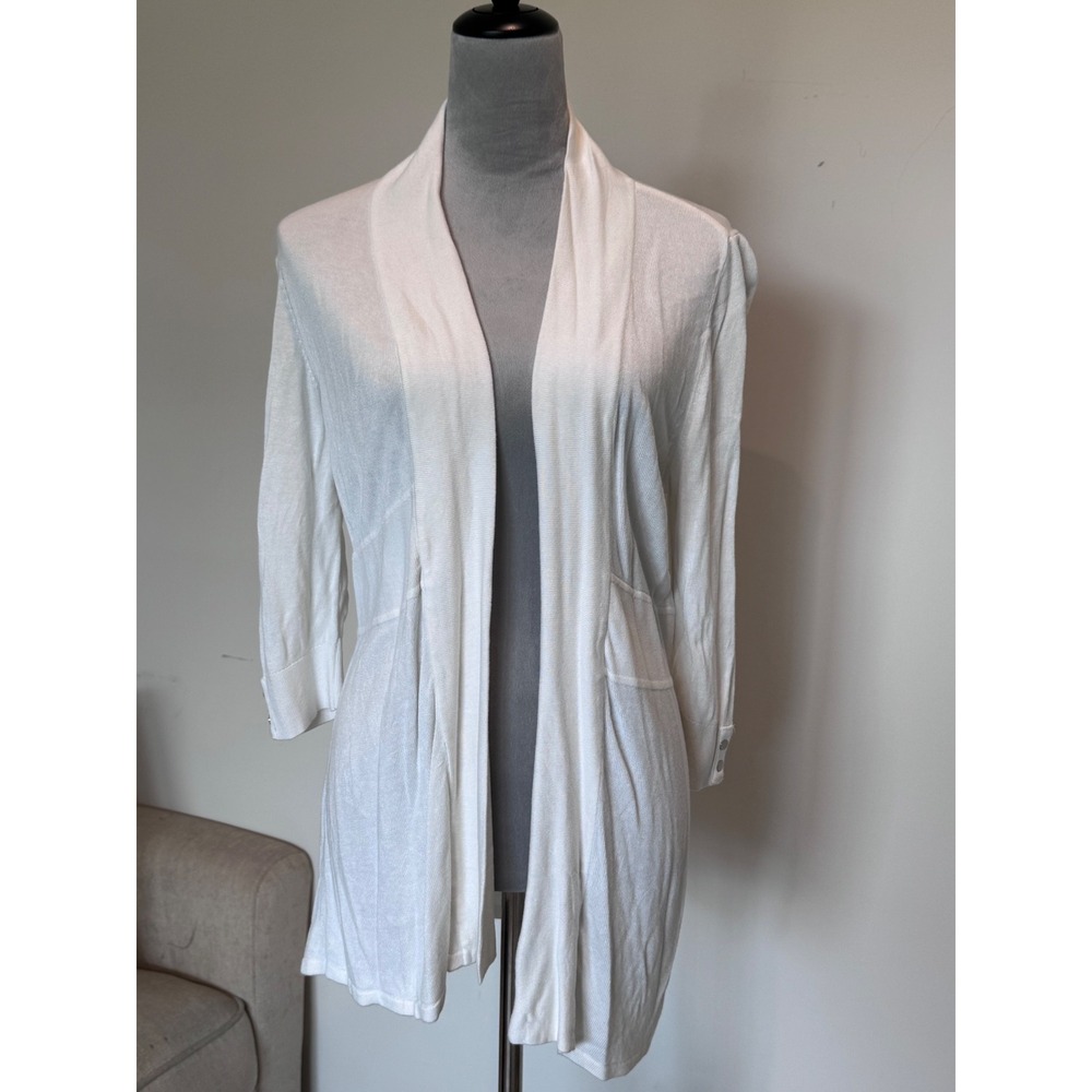 White House Black Market Open Front Cardigan White 3/4 Sleeve Shawl Collar Med